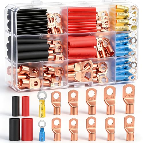 Twidec/130PCS Copper Wire Lugs AWG 2 4 6 8 10 12 14 16 Gauge Battery Cable Ends,Ring Terminals Connectors,Copper Ring Terminals,Battery Terminals Connectors Kits with Heat Shrink N-067-130PCS
