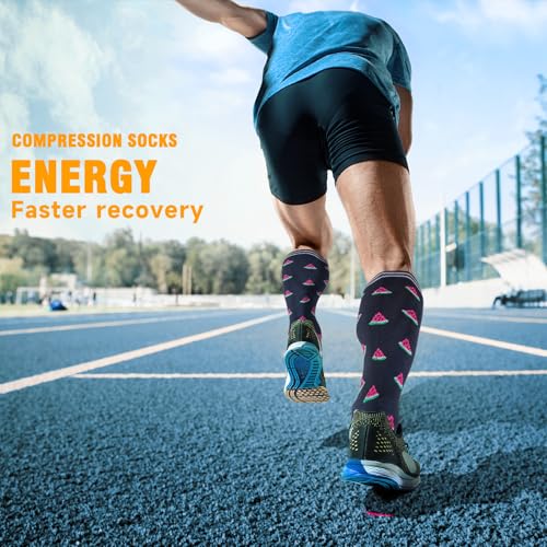 Image of bropite Compression Socks for Women &Men Circulation-Support Knee High Socks 20-30 mmhg-Best for Running,Medical,Nurse,Travel, 01a- Cat Fruit, Large-X-Large