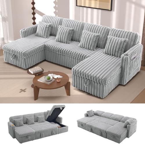 Image of 107'' Sectional Sleeper Sofa with Pull Out Bed, Storage Chaise, Adjustable Backrest, USB Charger, Cup Holder & Side Pocket, Fluffy Soft Corduroy U Shaped Couch for Living Room, Cloud Grey