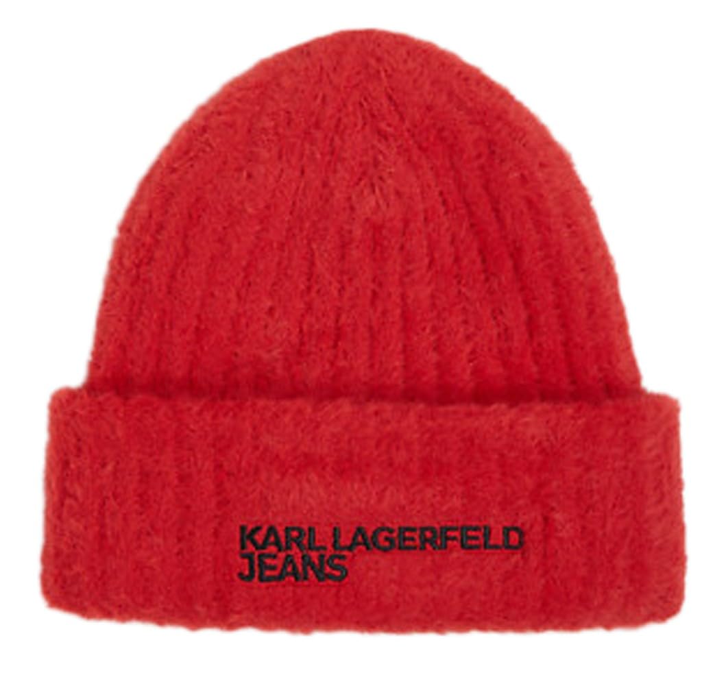 KARL LAGERFELD JEANS Women Furry Logo Beanie Pompeian Red One Size