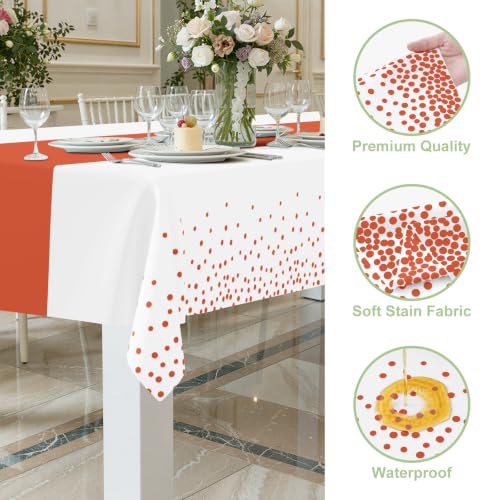Image of Smiry Plastic Table Cloth Disposable 3 Pack, 54 x 108 Inch Rectangle Waterproof Tablecloth, Printed Gold Table Runner Style for Birthday, Party Decorations, Leakproof & Sturdy, White and Terracotta