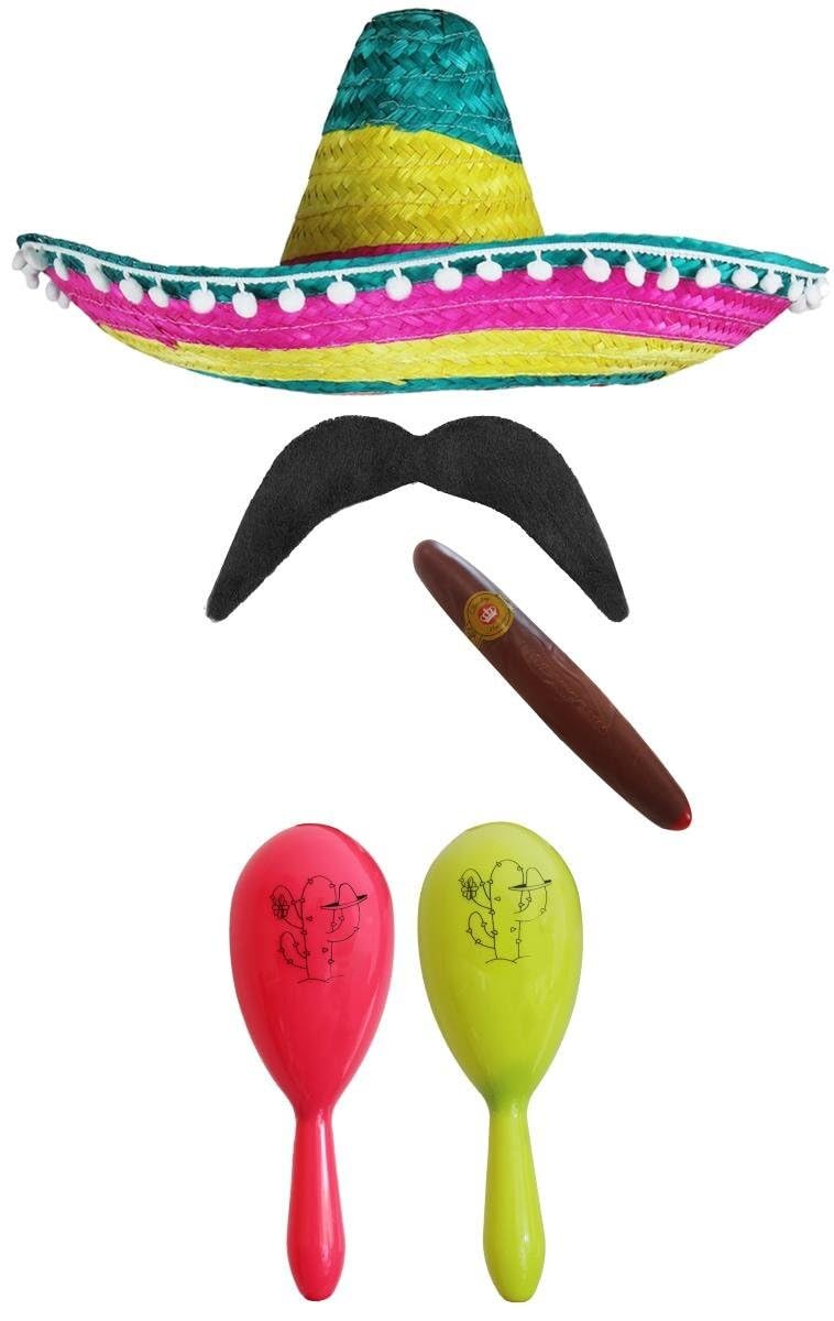 Adults Mexican Accessory Set - Multicoloured Sombrero, Pink & Yellow Maracas, Fake Cigar, Moustache - Cinco de Mayo Sensorita Bandit Mariachi Fancy Dress Costume Accessory Set