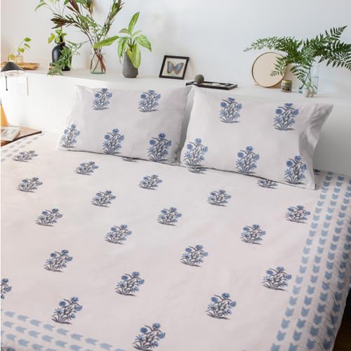 Image of Aabi Premium Hand Block Printed Bedsheet | Bed Spread Flatsheet Bed Sheet | Pure Cotton | Double Bed Queen Size 90 inchx108 inch | 300 TC Long Staple Cotton | 2 Pillow Covers | Floral Print
