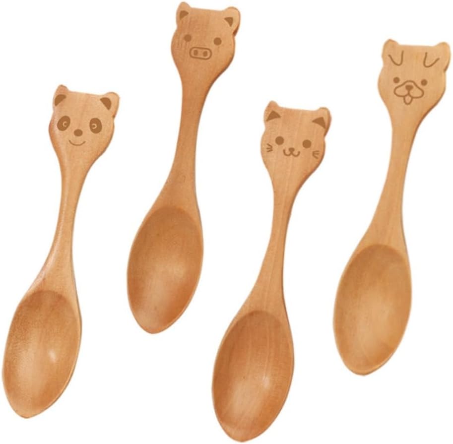 Spoons 4 Pack Creative Wooden Coffee Spoon Dessert Spoon Seasoning Jam Spoon Cute Cartoon Dining Wooden Spoon, 12cm*3cm