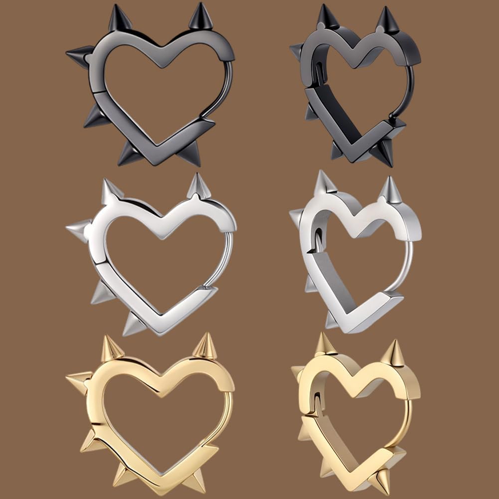 Beebeecraft 3 Pairs Heart Rivet Earrings 304 Stainless Steel Huggie Hoop Spike Earrings Punk Goth for Women Men Gift - Image 6