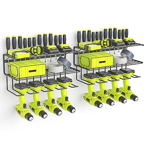 SUNALLY Power Tool Organizer - Wall Mounted Tool Storage Rack with 3 Layers Floating Shelves and 4 Drill Holders (2 Pack)