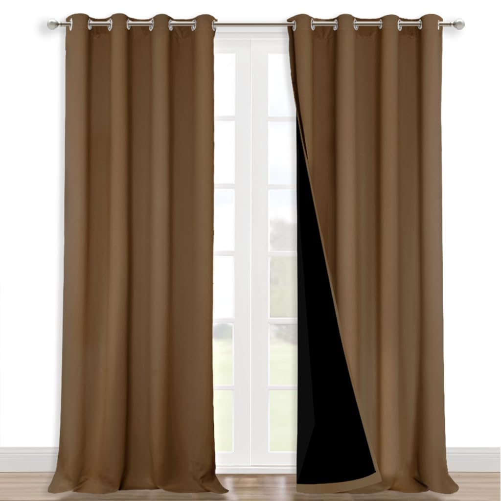 NICETOWN 100% Blackout Curtains for Windows, Pack of 2, 52" W x 108" L, Gold Brown, Super Heavy-Duty Black Lined Total Darkness Drapes for Bedroom, Privacy Assured Window Treatment for Patio