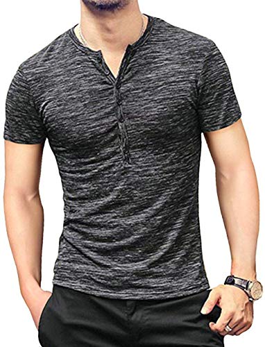 MLANM Mens Casual Slim Fit Basic Henley Short Sleeve T-Shirt Medium, Black