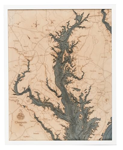 Chesapeake Bay 3-D Nautical Wood Chart, White Frame, 24.5