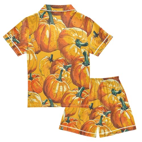 Satin Pajama Sets Short Sleeve Pumpkin Pattern Print in Orange Button Down Silky Nightwear 2 Piece PJS 5-14Y2