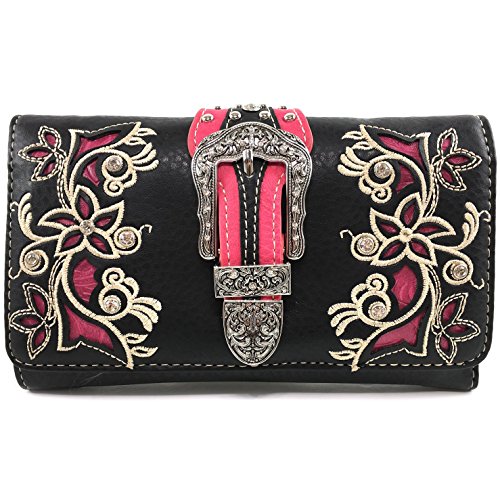 Justin West Western Floral Rhinestone Side Pocket Cross Slim Handle Handbag Purse Tote and Strap Wallet (Black Hot Pink Wallet Only)
