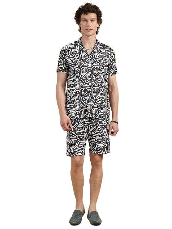 bushirt Men’s Casual Co-Ords Set Half-Sleeve Rayon Printed with Lapel Collar & Comfortable Shorts - Regular Western Style Night Suit White-XL-picture-37