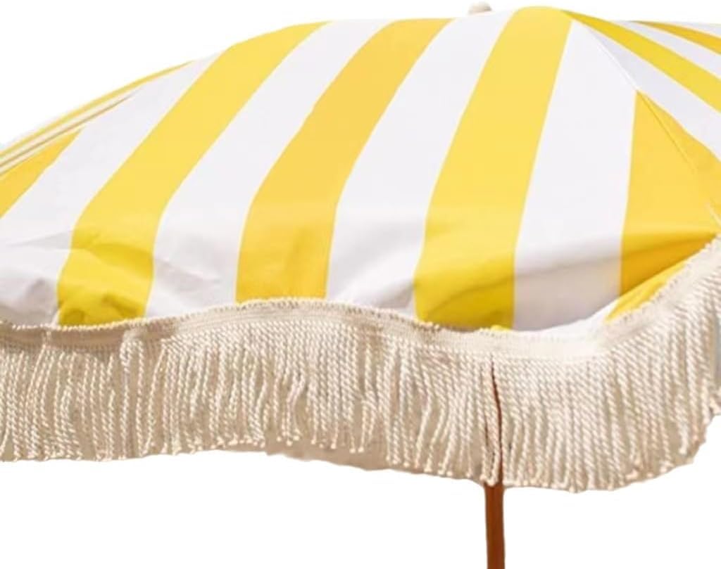Boho Parasol ogrodowy w żółte paski 200 cm, uchylny parasol plażowy z frędzlami, ochrona UPF50 + UV Parasol przeciwsłoneczny na basen, patio, balkon