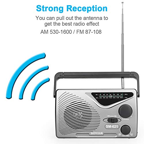 SEMIER AM FM Portable Radio, AC Power or Battery Operated by 2xD Cell Batteries Compact Transistor Radios, Big Speaker, Standard Earphone Jack and Large Knob (Battery not Included)