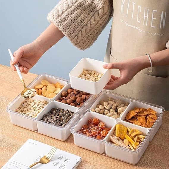 ERITIN Polypropylene Storage Serving Trays for Divided Veggie Tray with Lid Sealed Sectioned Snack Serving Platter Storage with 4 Compartments Snackle Box (Beige) 4