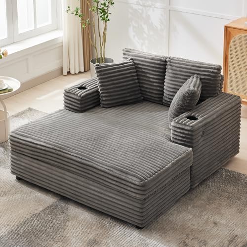 GarveeHome 60-inch Oversized Chaise Lounge Chair Indoor, Comfy Corduroy Lounge Sofa with Charging...