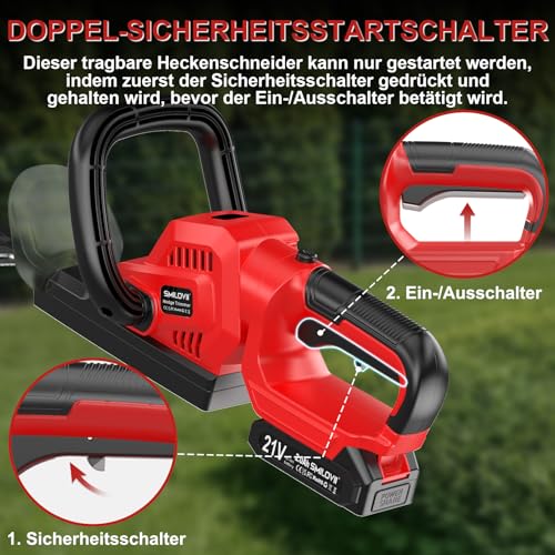 SMILOVII 21V Akku Heckenschere 50 cm Dual-Action Klinge, 2×2000 mAh Akku & Ladegerät, 850 W Elektro Heckenschneider, 180° drehbarer Griff, ergonomisch & sicherer Start für Garten, Sträucher und Hecken