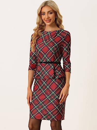 Allegra K Women's Peplum Pencil Dress Round Neck 3/4 Sleeve Bodycon Belt Plaid Sheath Dresses2
