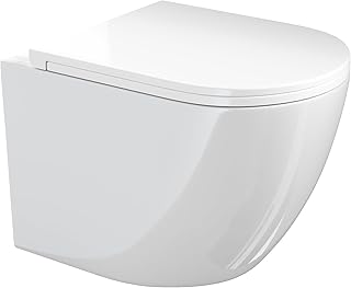 VILSTEIN Hänge WC mit 360° Tornado-Spülung, Spülrandloses Wand-Toilettenbecken aus Keramik, geräuscharm, inkl. WC-Sitz mit Absenkautomatik – Weiß, [49 cm lang]
