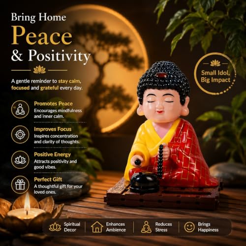 Image of ZAICUS Solar-Powered Moving Head Buddha Monk Statue - Feng Shui Good Fortune Ornament for Car Dashboard, Home and Office