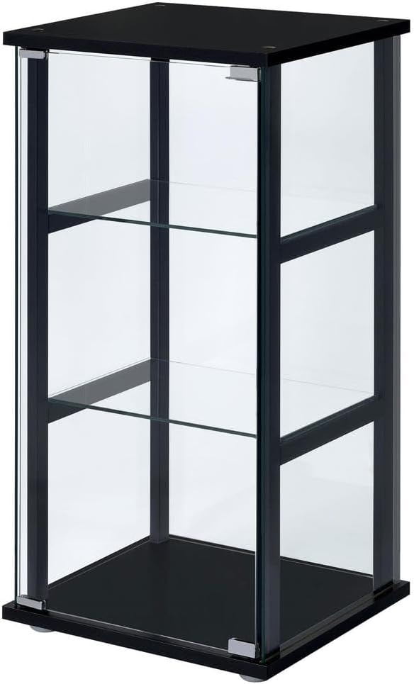Elegant Black Glass Curio Cabinet by FurniFact with Reversible Door and Three Shelves