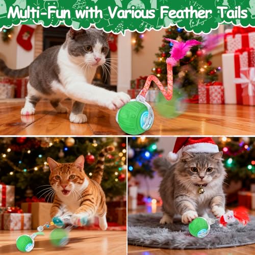 Image of Interactive Cat Toy Ball - Christmas Cat Toys for Indoor Cats with Feather Tails for Chasing, Moving Stimulation Smart Cat Toy for Enrichment, Motion Activated Automatic Rolling Toys to Keep Them Busy