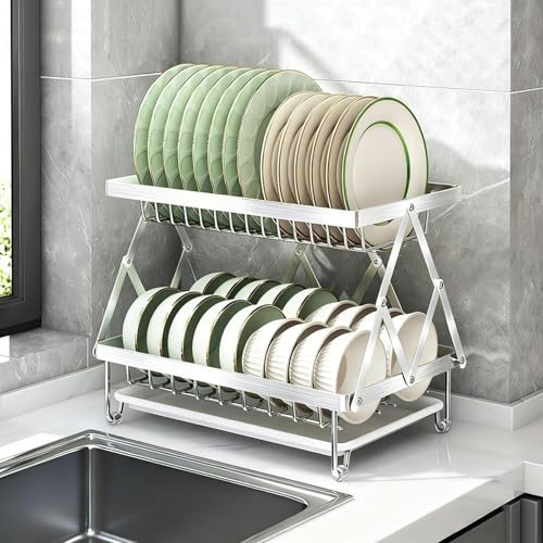 Dos tirales plegable sobre fregadero plato rack de acero inoxidable Drainboard ahorro de espacio Organizador de cocina para placas Cuencos Tablas de corte Secado Solución de almacenamiento eficiente D