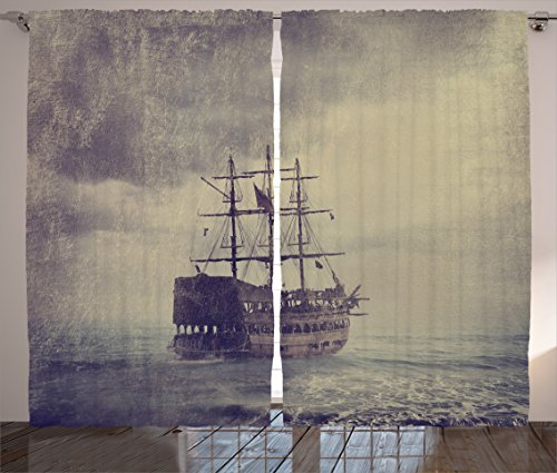 Ambesonne Nautical Curtains, Old Pirate Ship in The Sea Historical Cruise Retro Voyage Grunge Style Art, Living Room Bedroom Window Drapes 2 Panel Set, 108" X 84", Tan Plum
