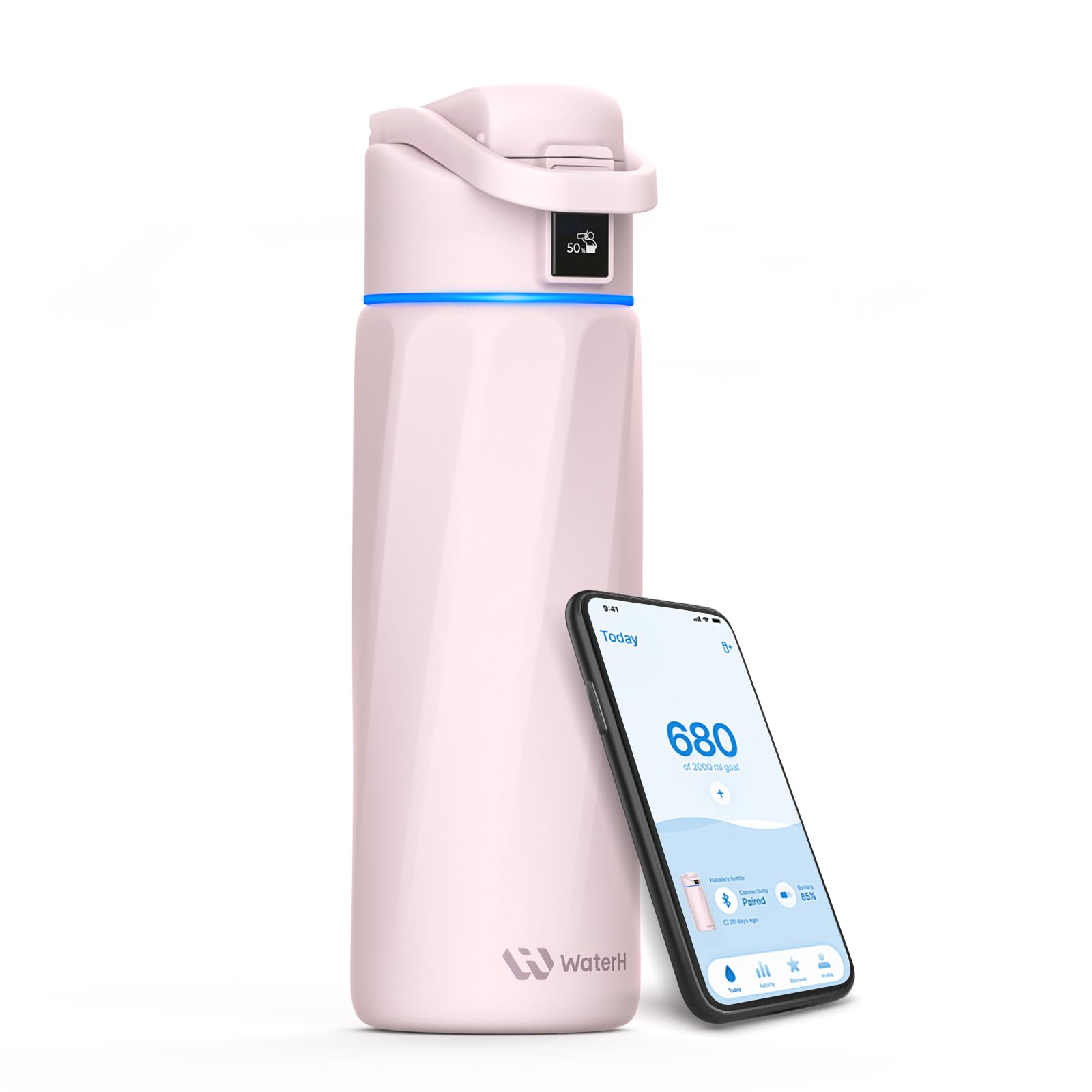 WATERH Boost Smart Water Bottle that Reminds You to Drink, BPA-Free Stainless Steel Vacuum Insulated Bottle, Wide Mouth Water Tracker Bottle with APP, Ideal for Father's Day, Pink, 710ml