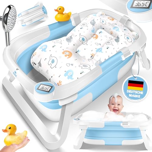 KIDIZ® Baby Badewanne | Babywanne platzsparend & faltbar | Badebecken Duschwanne für Neugeborene Kleinkinder 0-24 Monate | Reisedusche tragbar für Babys | Bathtub ergonomisch mit Thermostat & Kissen