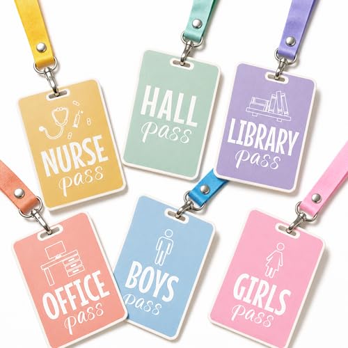 Classroom Hall Passes for Elementary, 6 Pcs Pastel Unbreakable Bathroom Pass Lanyard Set for Middle High School Student, Wooden Teacher Supplies for Hallway Restroom Library Office and Nurse