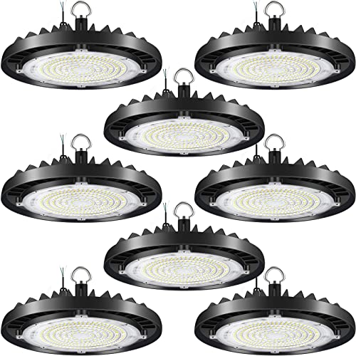 CINOTON 150W LED High Bay Lights with Self-Wiring, 21000LM[600W HID/HPS Equiv.] IP65 Waterproof Commercial Bay Lighting for Workshop Barn Stadium Gyms Factory 5000K-Daylight 120V ETL Listed 8 Pack