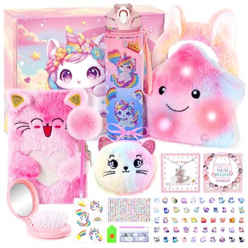 13PCS Unicorn Cat Toys Gifts for Girls 4-6 7 8 9 10 Years Old, Girls Birthday Gifts Set with Light Up Star Pillow DIY Water Bottle Kits, for Daughter Niece Christmas Birthday Baskets for Kids