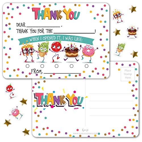 Gooji Kidâ€™s Thank You Cards, 25 Pc. Postcards Set, Double-Sided Custom Cardstock with Fill in the Blank Messages for Birthday Party, Event, or Holiday Use, Stickers Included (Party Treats)