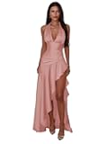 ZZSPDC Long Ruffle Satin Halter 2026 Prom Dresses with Slit Slit Formal Evening Party Gown