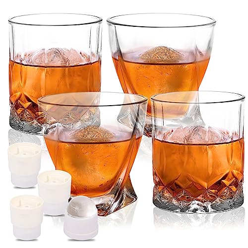 CUCUMI 4pcs 10oz Whiskey Glasses Set Old Fashioned Scotch Glasses Bourbon Rocks Glass, 4pcs Round Ice Ball Molds for Drinking Bar Glassware Gifts