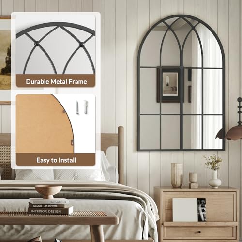Image of Uniclinens Window Arched Wall Mirror - Large Farmhouse Black Cathedral Gothic Mirror for Wall Decor with Arched Metal Window Pane Frame, Ideal for Entryway, Fireplace, Living Room, Bathroom 40 inchX24 inch