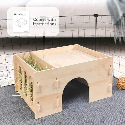 Tierecare Castelo de madeira escondido de porquinho-da-índia com alimentador de feno casa de chinchi