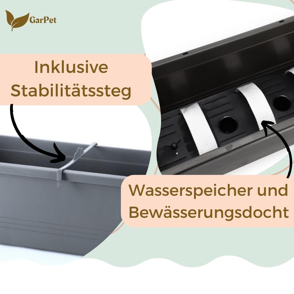 GarPet 4er Set Blumenkasten mit Wasserspeicher Blumenkasten Fensterbank Pflanzkasten Outdoor Wasserstandsanzeiger Gießschacht Bewässerungsband 60 cm Anthrazit