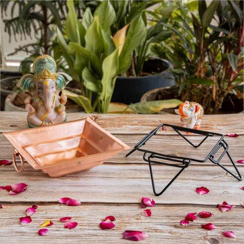 Image of Indian Art Villa Pure Copper Hawan Kund with Stand & Side Handles, Traditional Yagya, Hawan & Poojan Kund for Home Mandir, Festivals & Religious Ceremonies, 2.3 x 8.1 Inches