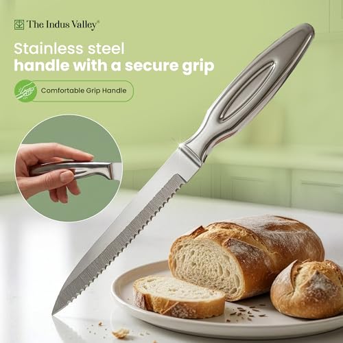 Image of The Indus Valley Stainless Steel Knife | Set of 5 with Wooden Stand | Chef, Bread, Chopper, Utility & Paring Knife Combo Set | Secure Grip Handle | Ideal for Choping, Cutting & Slicing