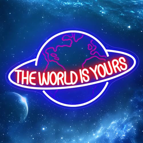 The World Is Yours Neon Sign 17x10.6LED Planet Neon Light for Wall Decor Dimmable USB Power Blue Earth Light Up Sign for Man Boy Bedroom Game Room Man Cave Home Bar Birthday Graduation Wedding Party Presents