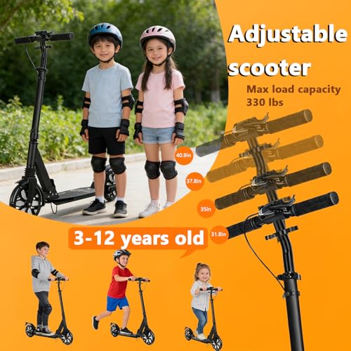 Image of Kick Scooter for Ages 13+, Teens and Adults. Led Light Up Wheels, 4 Levels Adjustable Handlebar, Dual Brakes, Anti-Slip Pedal, Foldable 8in Big Wheels for Kids (300lbs)