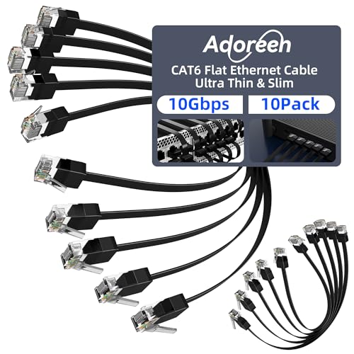 Adoreen Cat 6 Flat Ethernet Cable 1 Ft/10 Pack, High-Speed Internet Network Cable with Low Profile&Compact RJ45 Connector, Thin Slim Flexible Short Patch Cord, 10Gbps, POE for Cat6 Cat 5e 5, Black