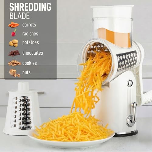 Image of Zulay Kitchen Rotary Cheese Grater 5 Blade Cheese Shredder - Manual Hand Crank Cheese Grater With Reinforced Suction & 5 Interchangeable Drums - Easy to Use, Vegetable Chopper Round Mandoline Slicer