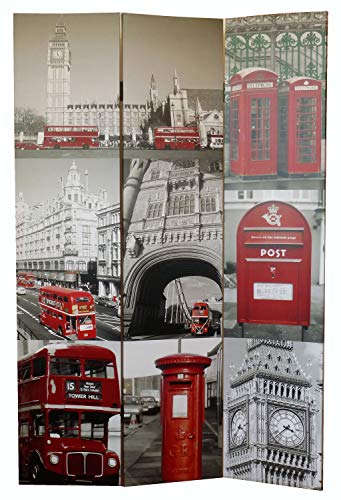 Paravent Brise-Vue Cloison de Séparation ou Séparateur Pièce 3 Panneaux Châssis en Bois Recouvert d'une Toile Imprimée Photo Décor Londre London Différent Design Pour Chaque Face - 120 x 180 X2,5 cm