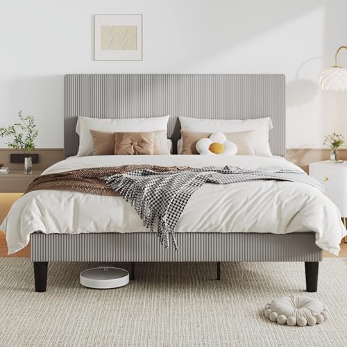 Image of Allewie King Bed Frame, Corduroy Tufted Headboard, Light Grey