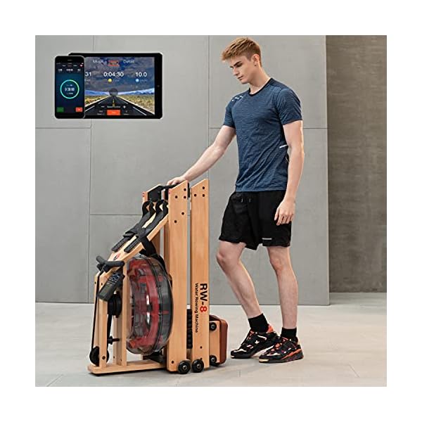 RW8 Plus Foldable Wood Water Rowing Machine with APP, Rowing Machine Water Resistance for Home Use with LCD Monitor, Wood Indoor Rower, Soft Seat