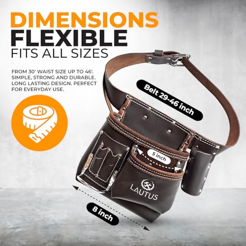 Image of LAUTUS 5 Pocket Oil Tanned Leather Tool Belt - Multifunctional Tool Pouch /Bag /Apron Carpenter, Construction, Framers, Handyman, Electrician | 30-Inch to 46-Inch | Brown| Hammer Holder| Built Tough|