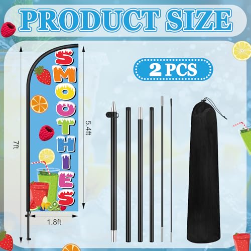 Image of Remagr 2 Pack Smoothies Feather Flag 7 ft Advertising Swooper Flag Sign Windless Smoothies Banner with Pole Kit and Ground Stake for Businesses Storefronts Retailers Shops Food Trucks Events